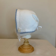 Load image into Gallery viewer, Handkerchief Bonnet, Shuttle Tatted Petite Lite Blue Edging
