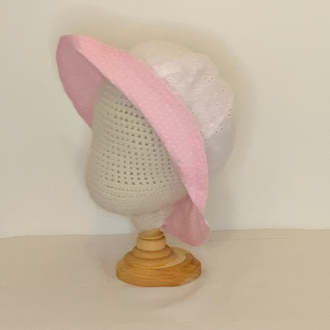 Sun Hat - White Eyelet, Pink Broadcloth w/ white dots