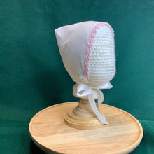 Load image into Gallery viewer, Fitted Birdie Cap - White Imperial Broadcloth with Pink Tatted Edging
