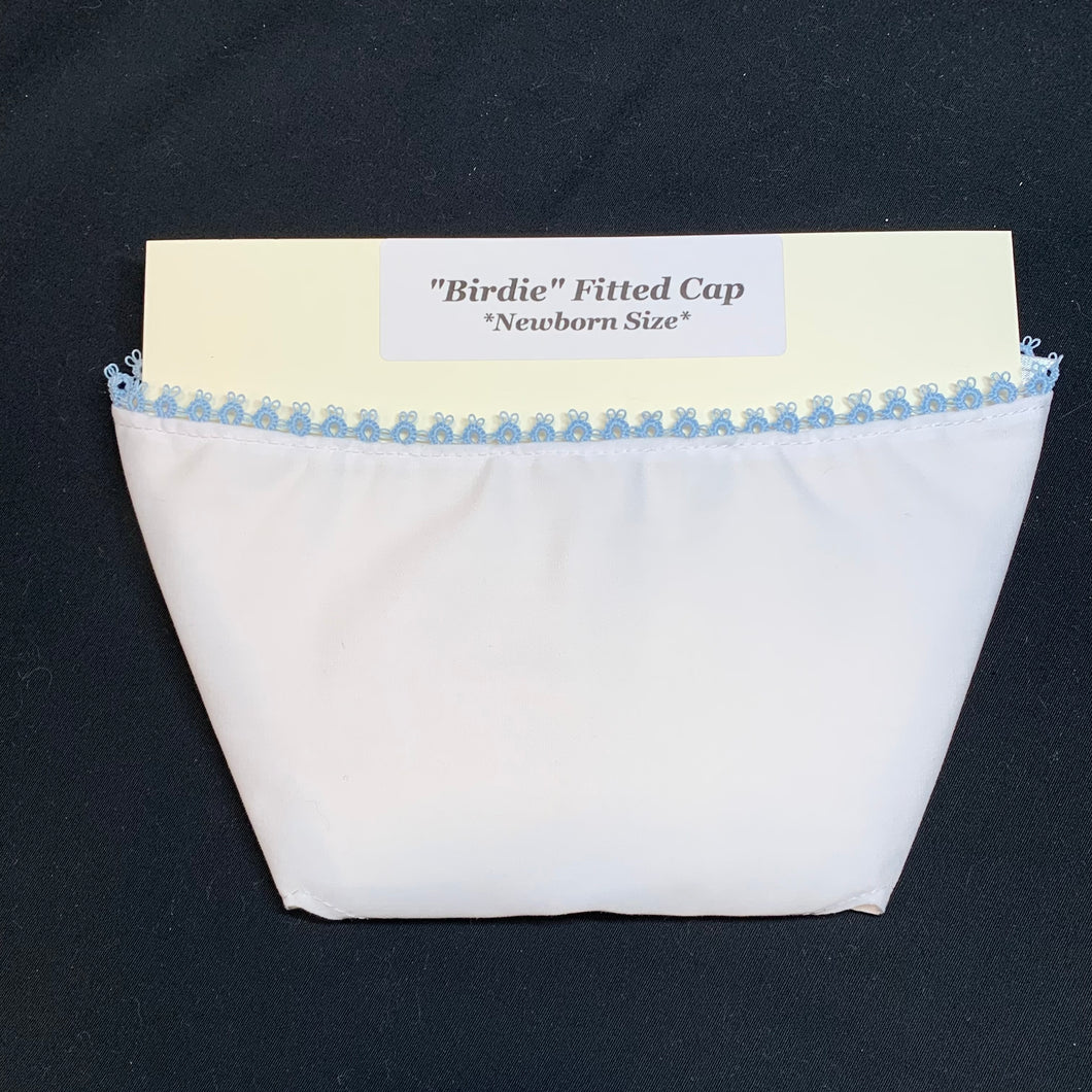 Fitted Birdie Cap - White Imperial Broadcloth with Light Blue Tatted Edging